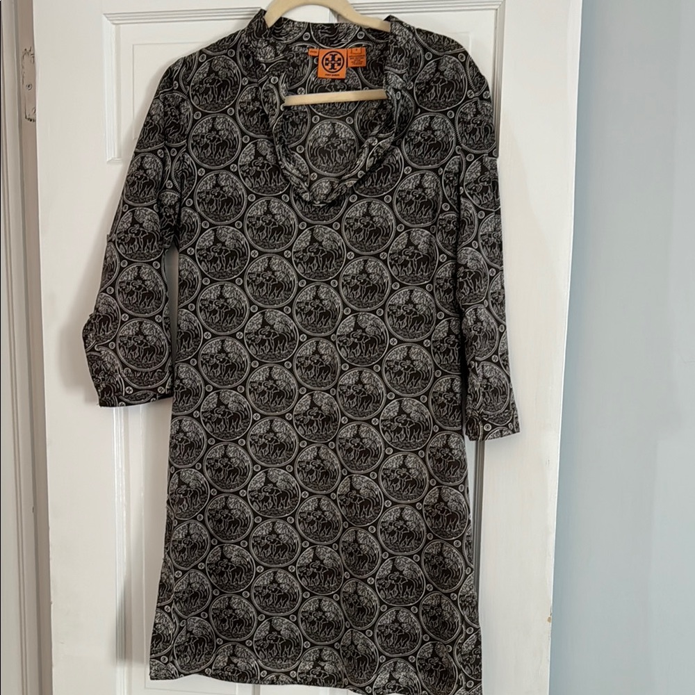 Tory Burch Brown and Cream Mini Kaftan 3/4 Sleeve